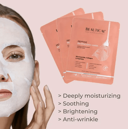 BEAUTICAL Peptide Revitalizing Mask in use, showcasing its anti-wrinkle, moisturizing, and brightening benefits.