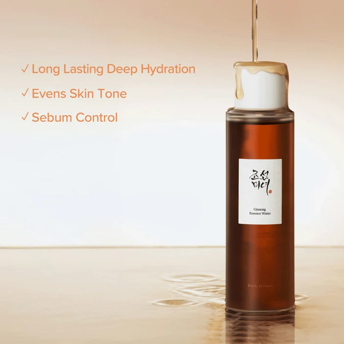 A bottle of cleansing essence water with amber liquid, featuring a dripping honey-like product on top, set against a warm beige background with promotional text on the left.