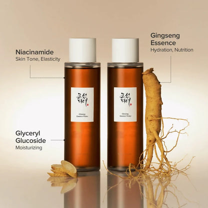 Two bottles of Gingseng Essence with a ginseng root on a beige background