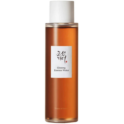 A tall, cylindrical clear bottle filled with amber-gold liquid, featuring a white cap and a white label with Korean text and the English words 'Ginseng Essence Water.'.