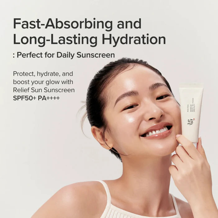 Woman applying sunscreen with text about fast-absorbing and long-lasting hydration