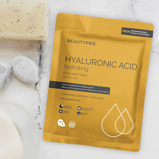 BeautyPro Hyaluronic Acid Hydrating Facial Sheet Mask packaging, featuring intense hydration for fine lines and wrinkles.