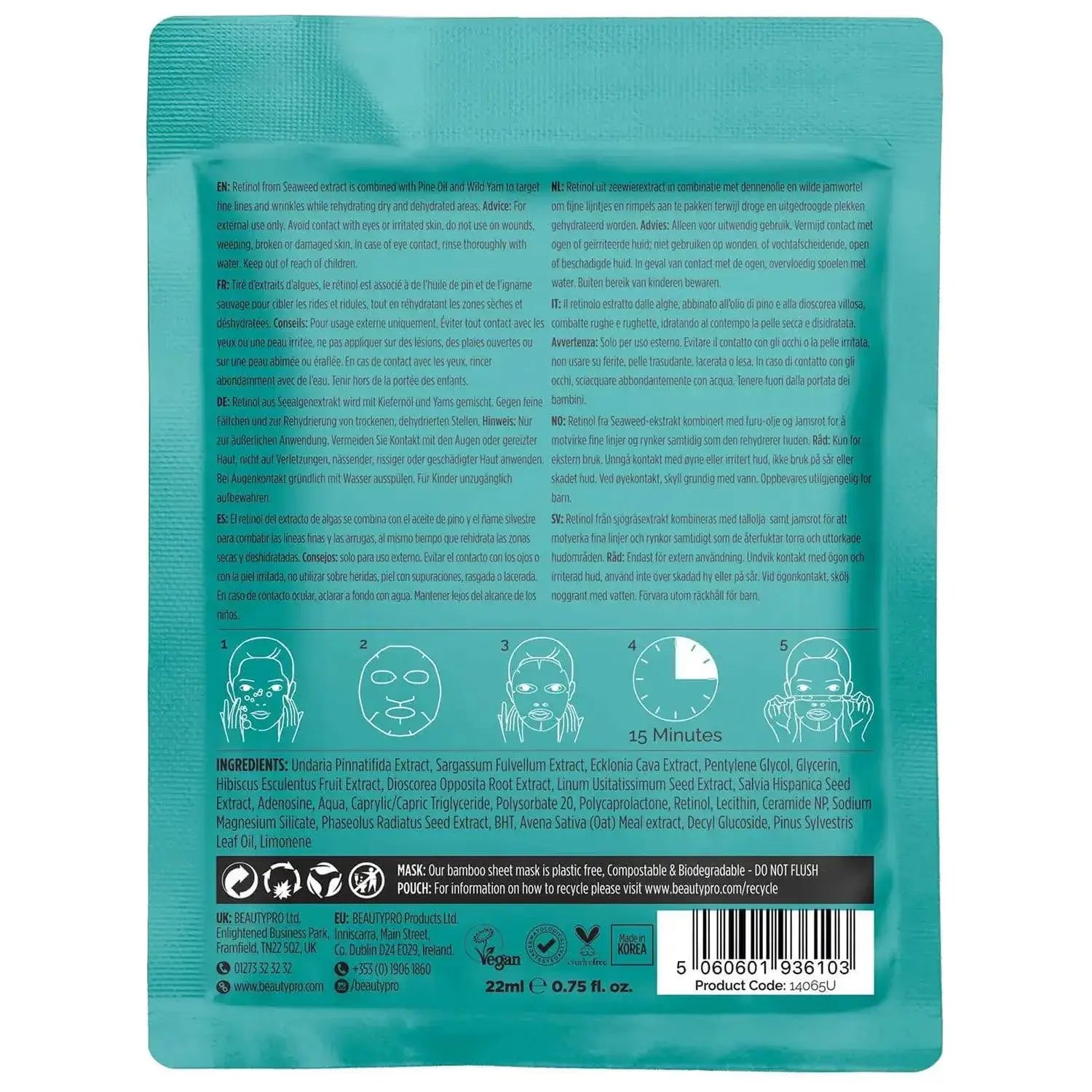 BeautyPro RETINOL Anti-Ageing Facial Sheet Mask back packaging with ingredient details and usage instructions.