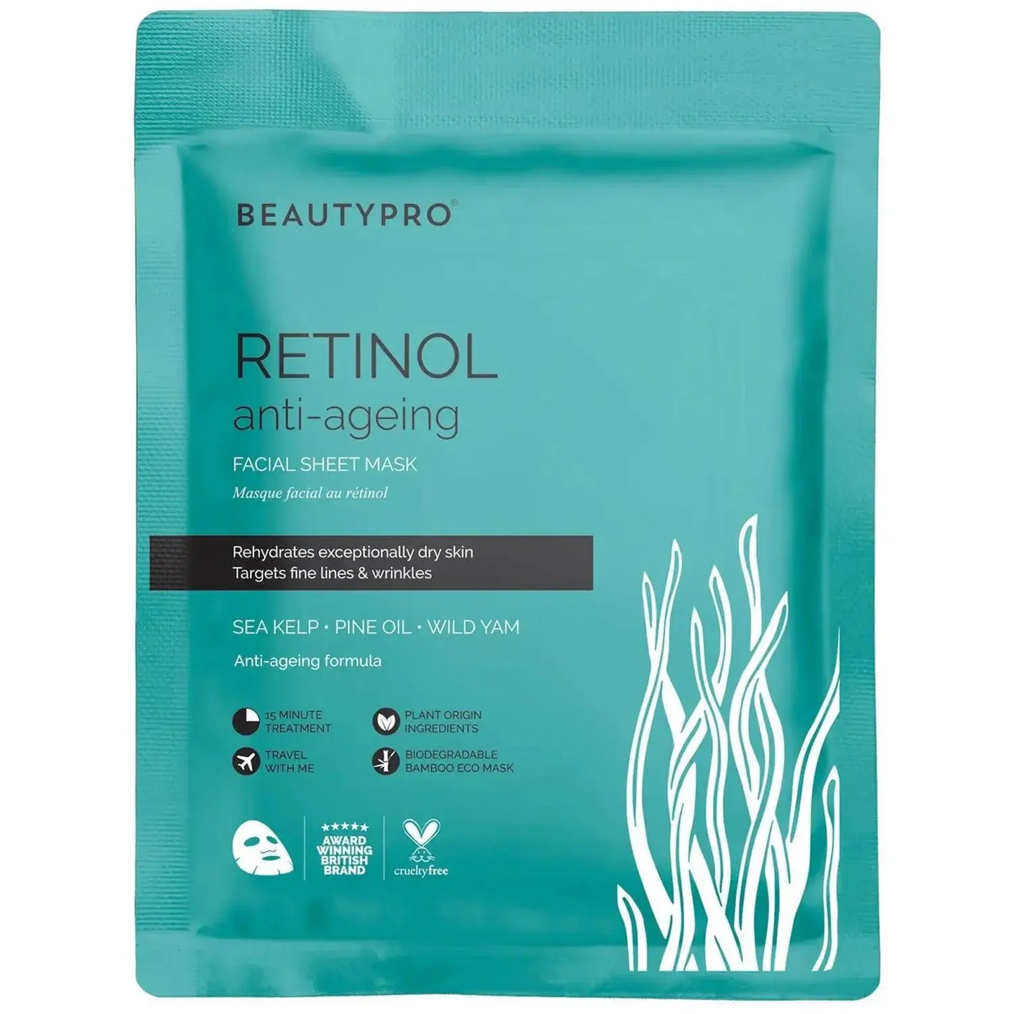 BeautyPro RETINOL Anti-Ageing Facial Sheet Mask package, infusing sea kelp for hydration and reducing fine lines.