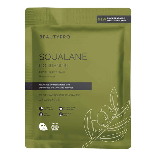 BeautyPro SQUALANE Nourishing Facial Sheet Mask for radiant skin, infused with Olive and Passionfruit for anti-aging.