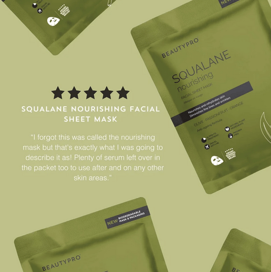BeautyPro SQUALANE Nourishing Facial Sheet Mask packaging showing plant-based ingredients for radiant skin.
