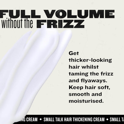 Bed Head by Tigi Small Talk Hair Volume Styling Cream promoting full volume without frizz for thicker-looking hair.