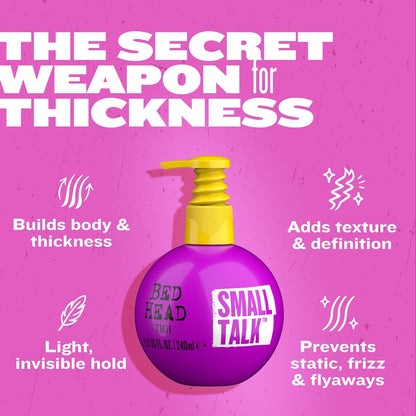 Bed Head by Tigi Small Talk Hair Volume Styling Cream 240ml in a vibrant container promoting hair thickness and volume.