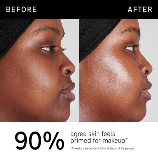Before and after results showing radiant skin improvement with 90% satisfaction in makeup readiness.
