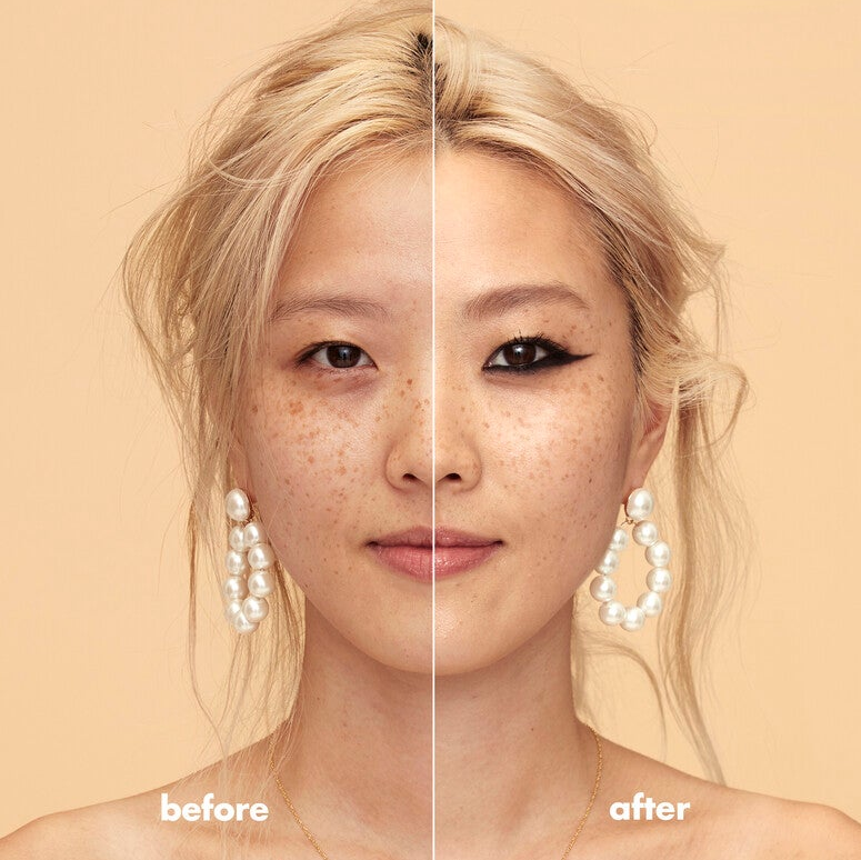 Before and after comparison of a woman's face with pearl earrings on a e.l.f beige background