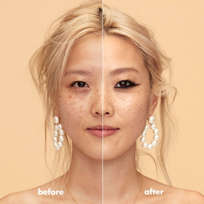 Before and after comparison of a woman's face with pearl earrings on a e.l.f beige background