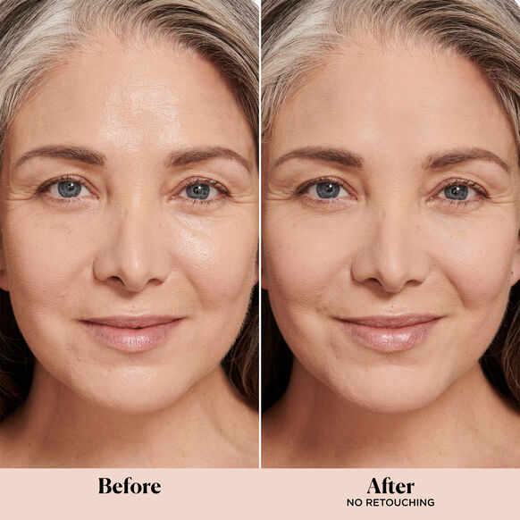 Before and after comparison of a woman's face with retouching applied.