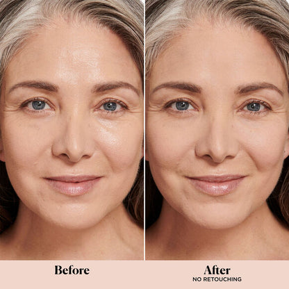 Before and after comparison of a woman's face with retouching applied.