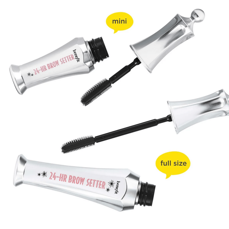 Two sizes of a Benefit brow setting product with applicators on a white background