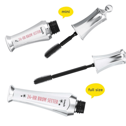 Two sizes of a Benefit brow setting product with applicators on a white background