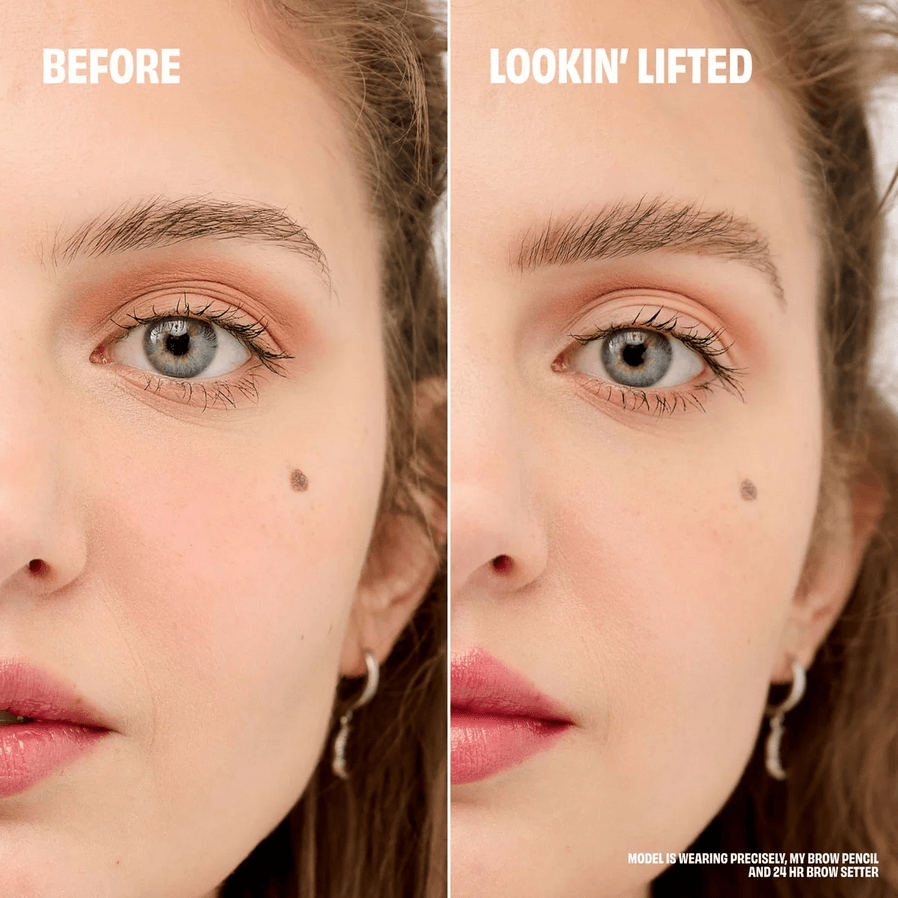 Before and after comparison of a woman's face with text indicating a Benefit brow pencil and brow serum effect.