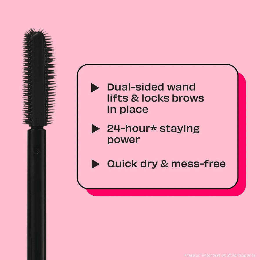 Black dual-sided Benefit  wand with text on a pink background