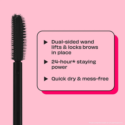 Black dual-sided Benefit  wand with text on a pink background