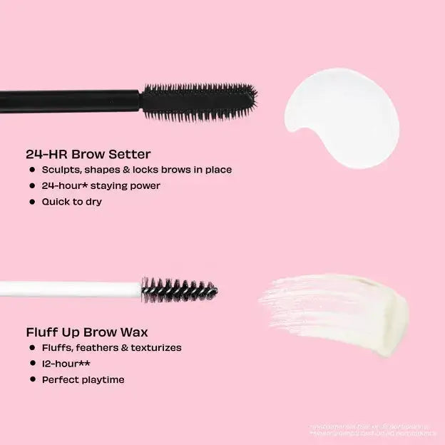 Benefit 24-HR Brow Setter and Fluff Up Brow Wax on pink background, showcasing brow styling products and their key benefits.