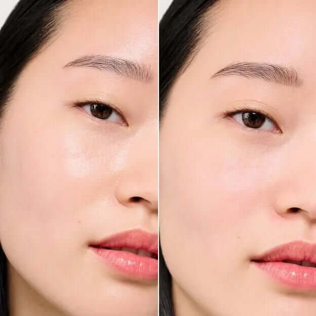 Before and after using Benefit POREfessional Super Setter, showcasing blurred pores and smooth skin.