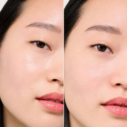Before and after using Benefit POREfessional Super Setter, showcasing blurred pores and smooth skin.