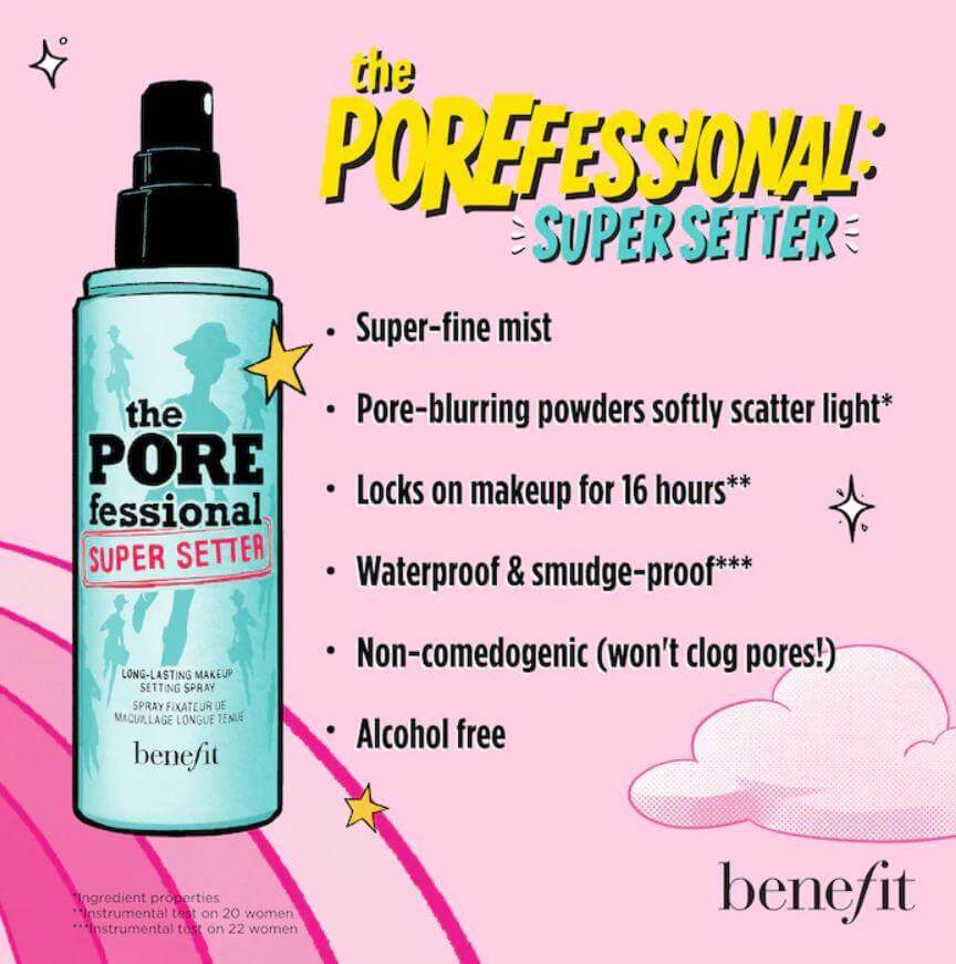 Benefit The POREfessional Super Setter 120ml spray, locks makeup for 16 hours, blurs pores and hydrates skin.