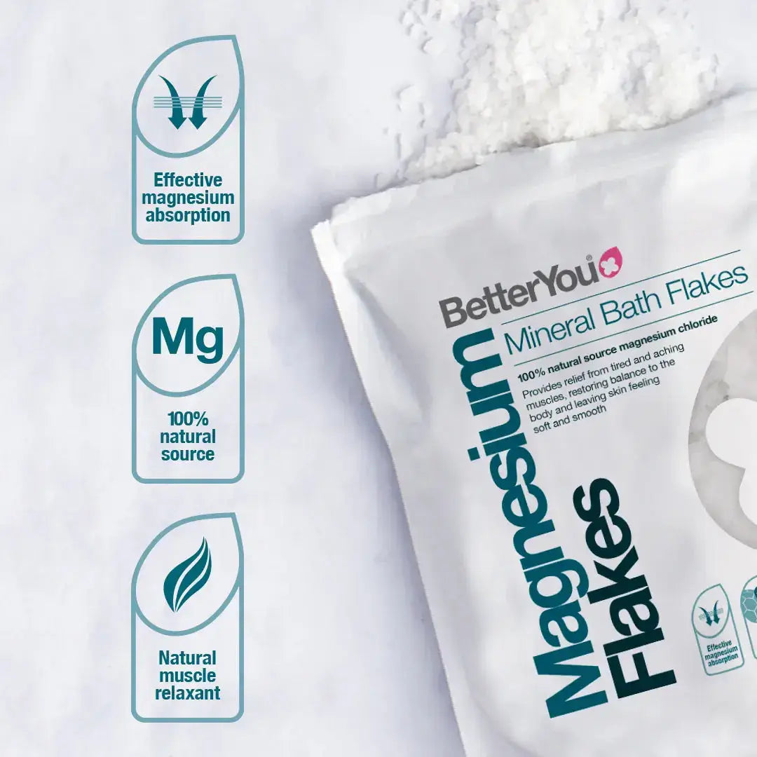BetterYou Pure Magnesium Bath Flakes in package highlighting effective absorption and relaxation benefits.