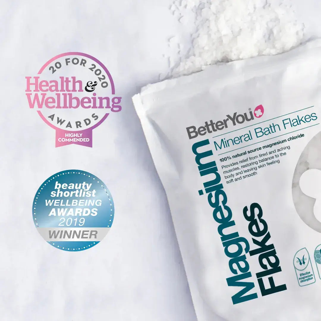 BetterYou Pure Magnesium Bath Flakes 250g package, featuring award logos for health and wellbeing.