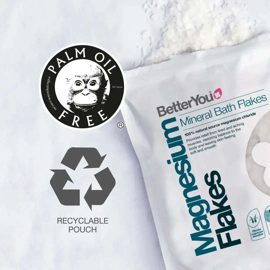 BetterYou magnesium bath flakes packaging with palm oil free and recyclable pouch logos.