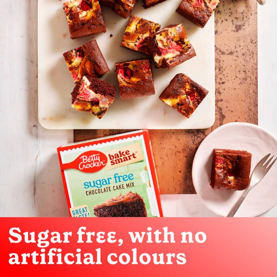 Betty Crocker Bake Smart Sugar Free Chocolate Cake Mix with baked chocolate squares on display.