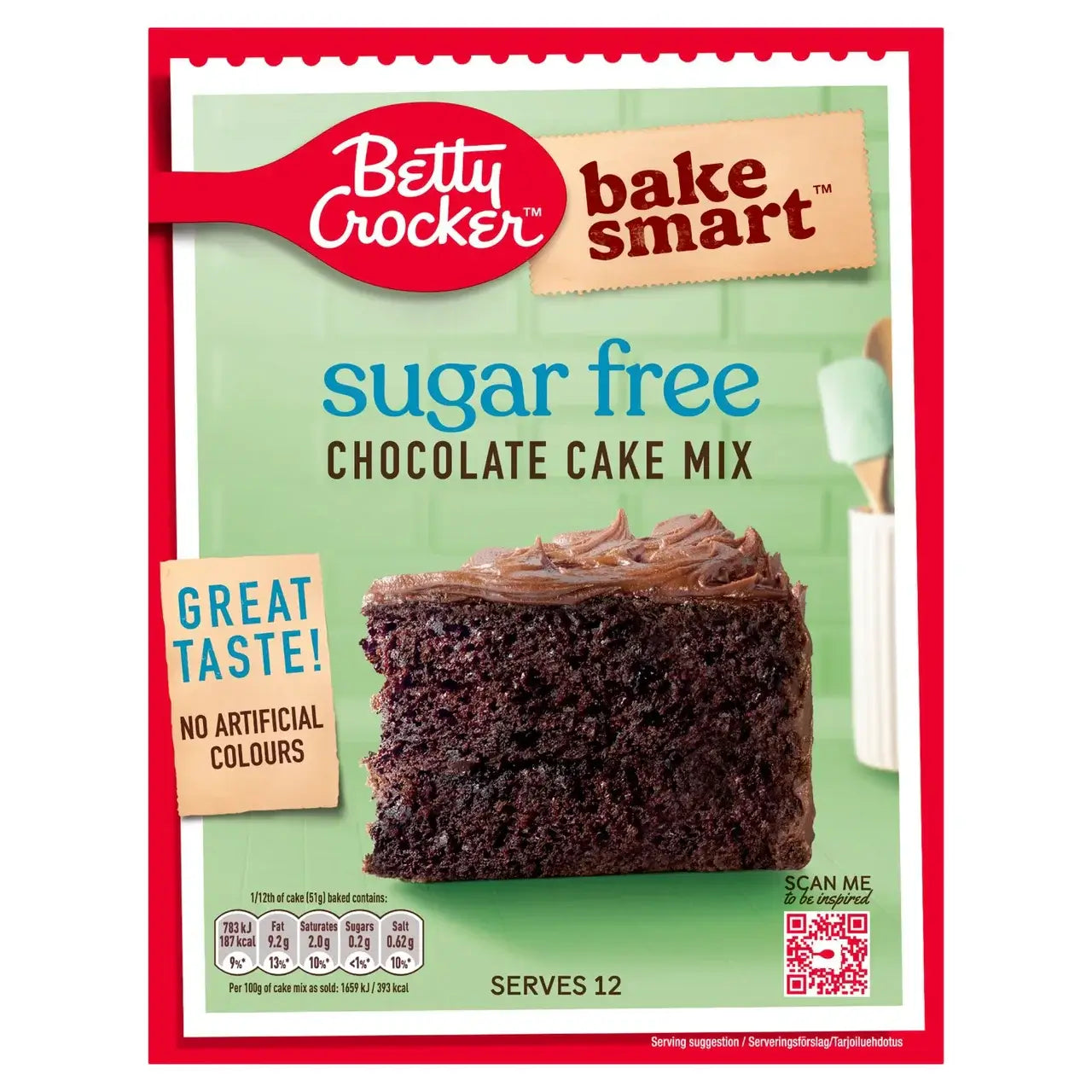 Betty Crocker Bake Smart Sugar Free Chocolate Cake Mix 350g packaging with slice of cake and text highlights.