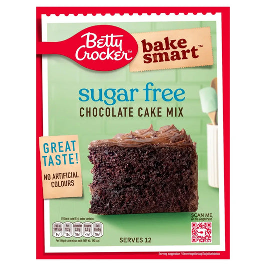 Betty Crocker Bake Smart Sugar Free Chocolate Cake Mix 350g packaging with slice of cake and text highlights.