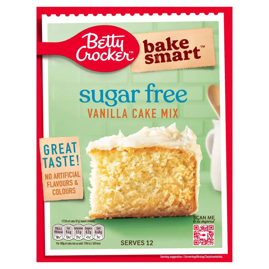 Betty Crocker Bake Smart Sugar Free Vanilla Cake Mix packaging featuring a slice of cake, promoting great taste without artificial flavors.