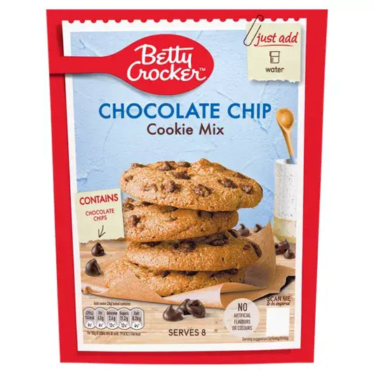Betty Crocker Chocolate Chip Cookie Mix package with cookies, just add water, serves 8, irresistible chocolate chips.