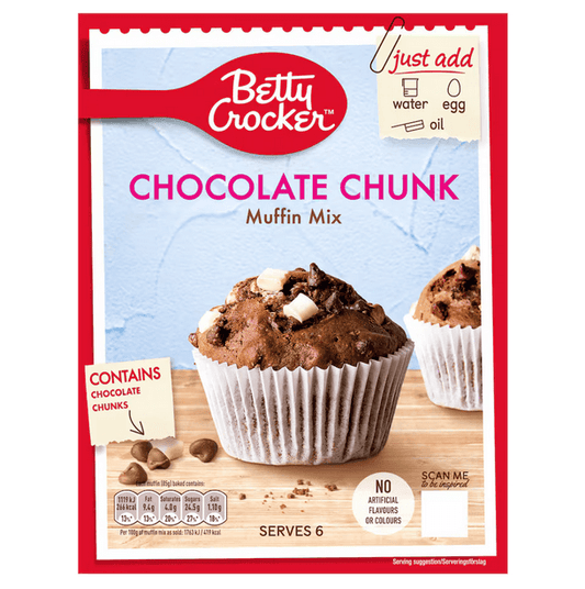 Betty Crocker Chocolate Chunk Muffin Mix packaging, ready to bake with chocolate chunks, serves 6, no artificial flavors.