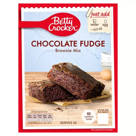 Betty Crocker Chocolate Fudge Brownie Mix package featuring gooey brownies, easy baking instructions, serves 16.