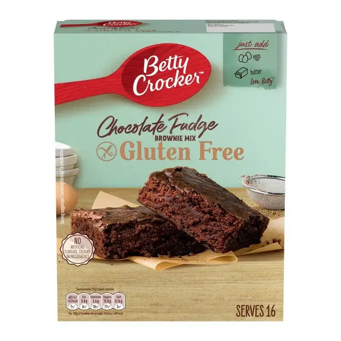 Betty Crocker Chocolate Fudge Gluten Free Brownie Mix box, serves 16, easy baking with rich flavor and ingredients needed.