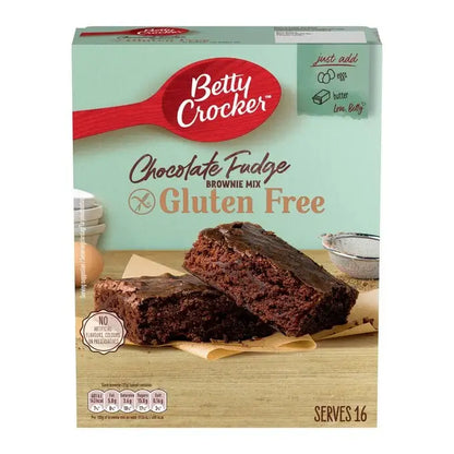 Betty Crocker Chocolate Fudge Gluten Free Brownie Mix box, serves 16, easy baking with rich flavor and ingredients needed.
