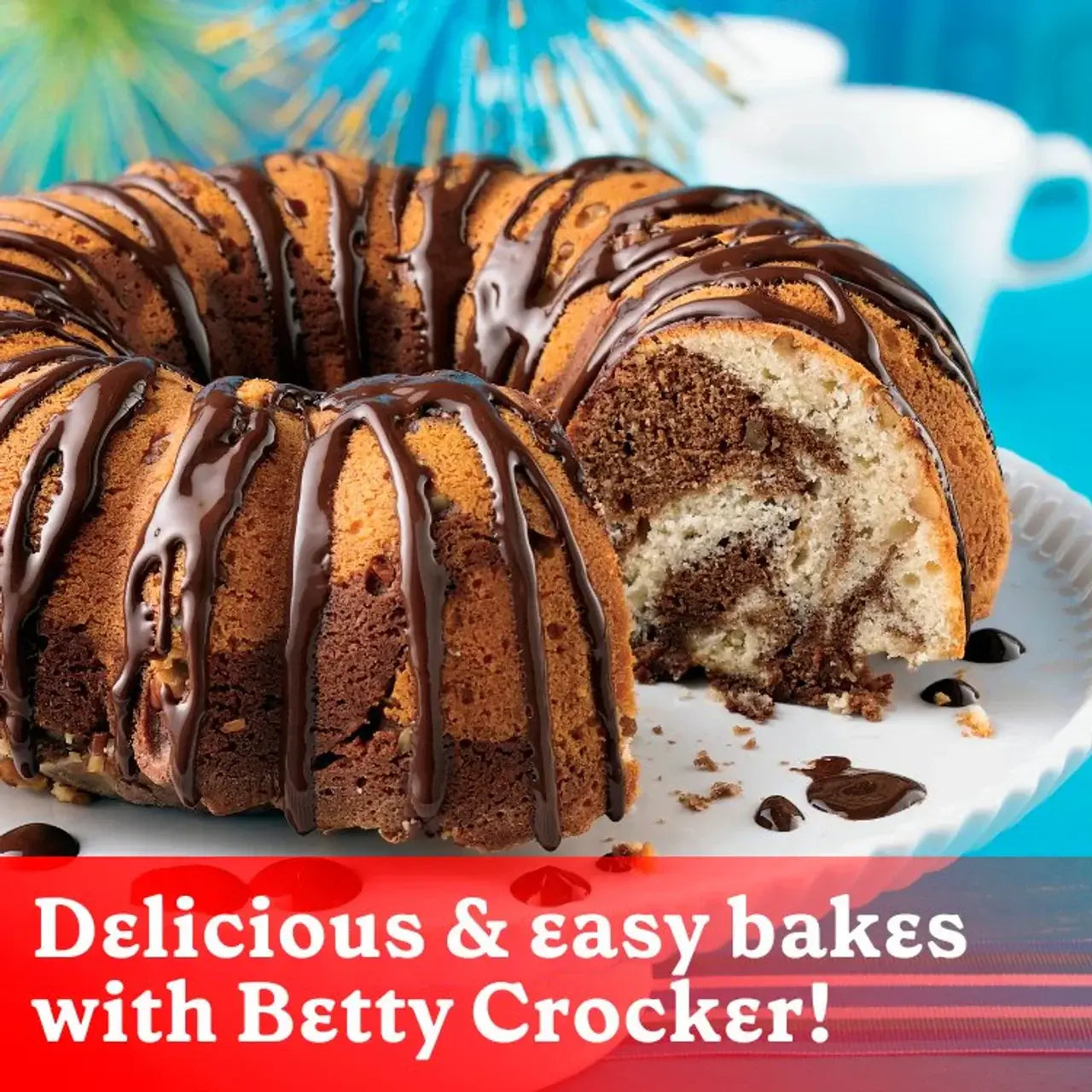 Delicious Chocolate Swirl Cake made with Betty Crocker mix, topped with chocolate drizzle, perfect for any celebration.