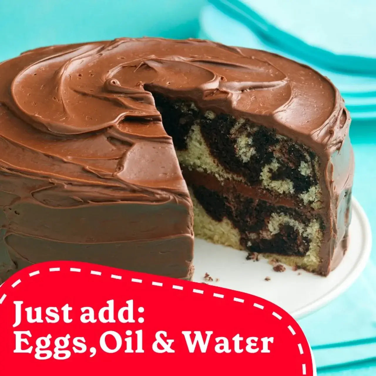 Deliciously swirled Betty Crocker Chocolate Cake with chocolate frosting, just add eggs, oil, and water.