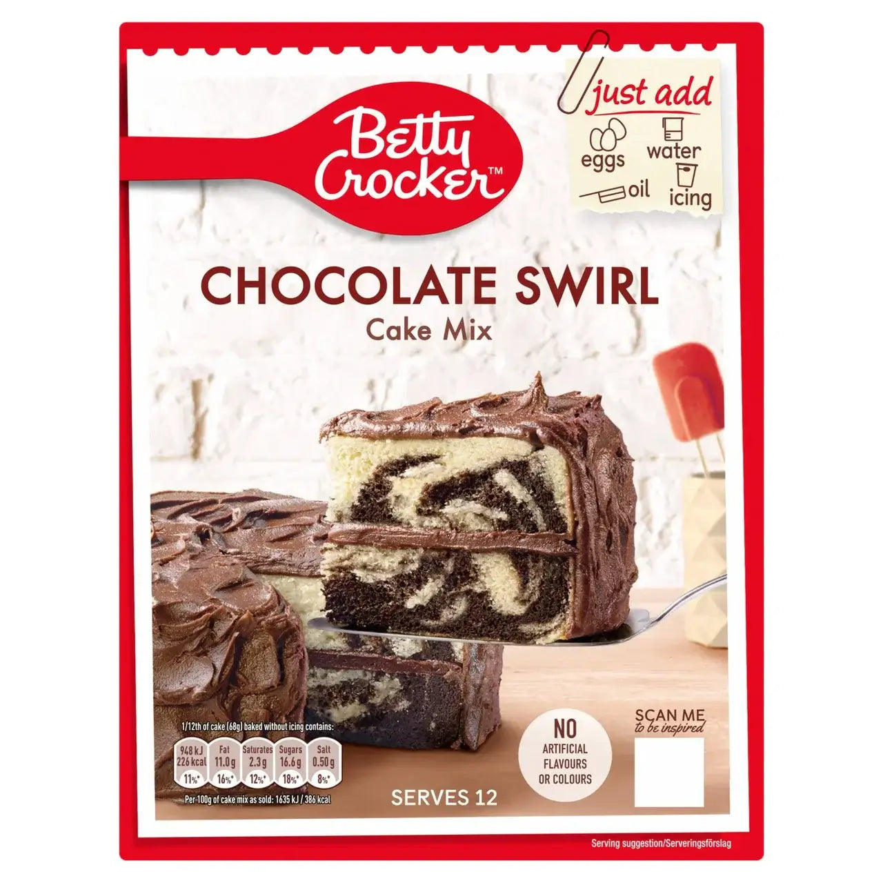 Betty Crocker Chocolate Swirl Cake Mix box, showing delicious marble cake with chocolate icing, serves 12.