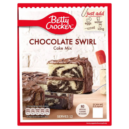 Betty Crocker Chocolate Swirl Cake Mix box, showing delicious marble cake with chocolate icing, serves 12.
