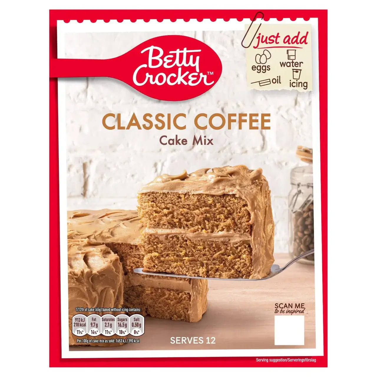 Betty Crocker Classic Coffee Cake Mix package with cake slices, ideal for baking coffee-flavored treats, serves 12.