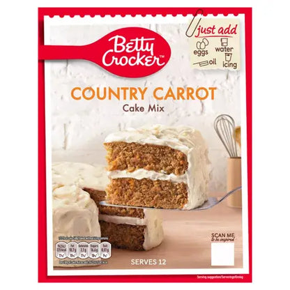 Betty Crocker Country Carrot Cake Mix packaging with cake slices, easy baking mix for vegetarians.