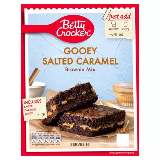 Betty Crocker Gooey Salted Caramel Brownie Mix box with brownies, includes salted caramel sauce, serves 16.