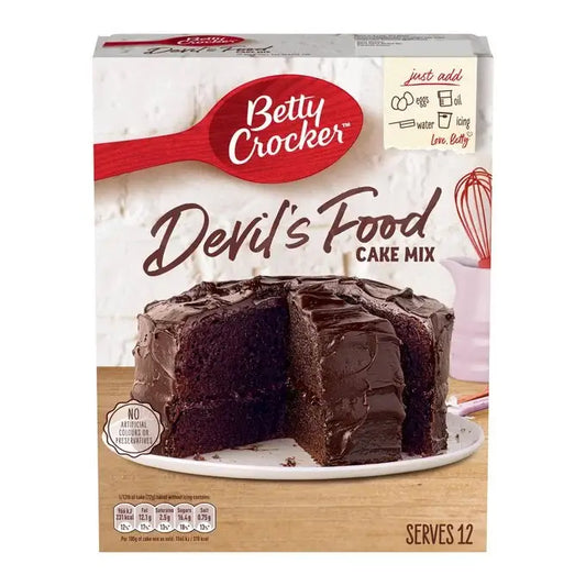 Betty Crocker Devil's Food Cake Mix box with chocolate cake slice, quick baking steps, serves 12, no preservatives.