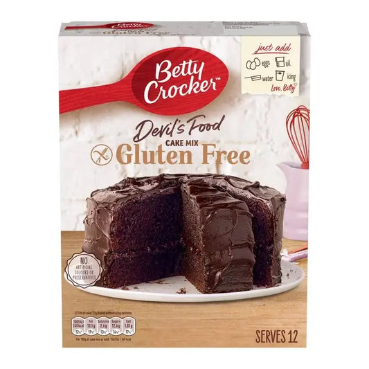 Betty Crocker Devil's Food Gluten Free Cake Mix 425g box with a delicious chocolate cake slice, serves 12, easy to make.