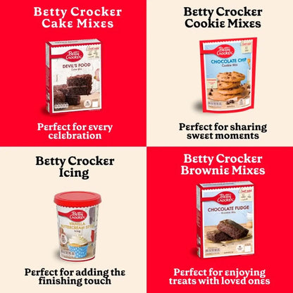 Variety of Betty Crocker baking mixes: cake, cookie, brownie, and icing, perfect for celebrations and treats.