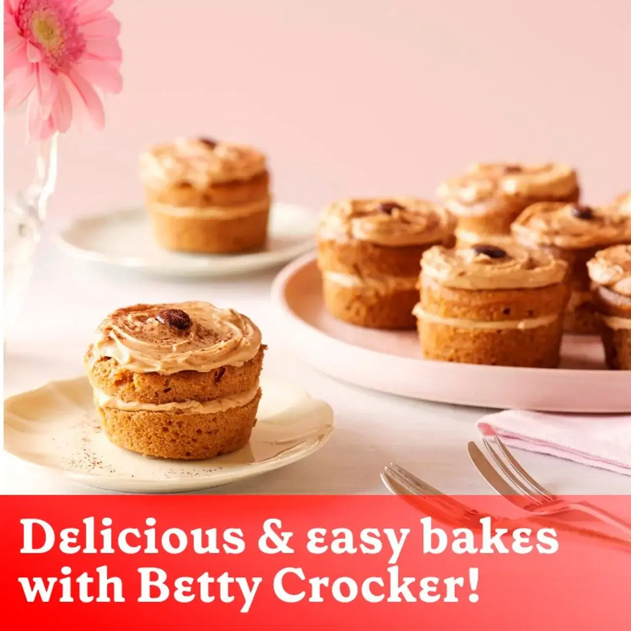 Freshly baked coffee cupcakes with frosting, featuring Betty Crocker mixes for easy baking.