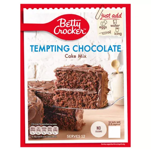 Betty Crocker Tempting Chocolate Cake Mix package with chocolate cake slices, serves 12, just add eggs, water, oil, and icing.